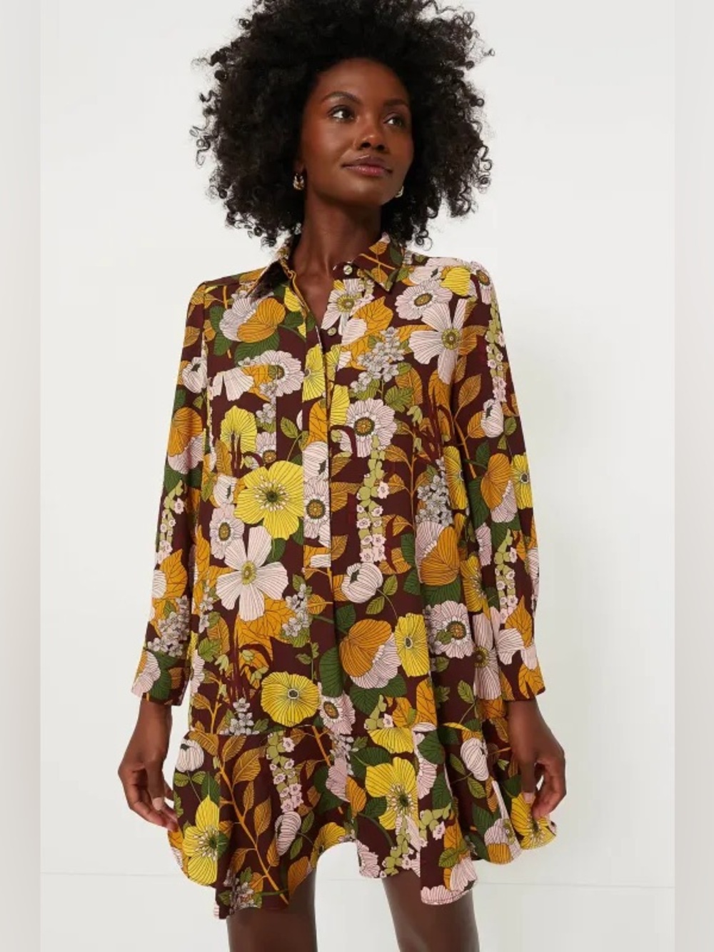 Tuckernuck Retro Floral Crepe Callahan Shirt Dress Brown Multi, Size Medium